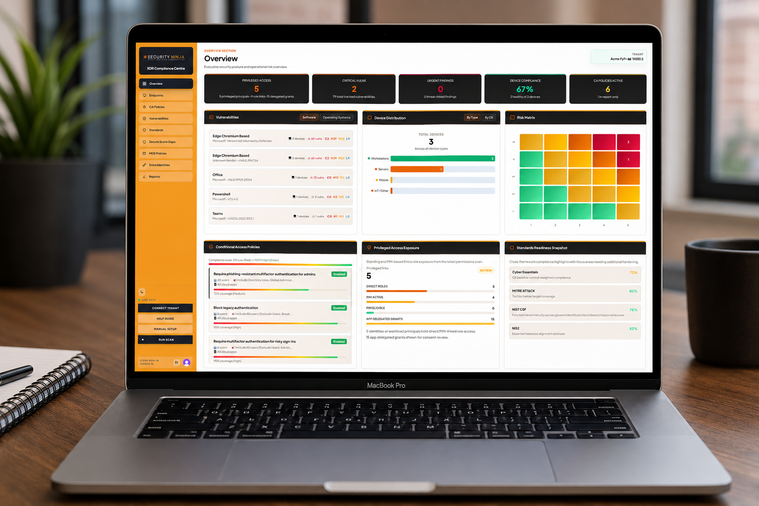 Laptop showing a Security Ninja Compliance Auditor dashboard.